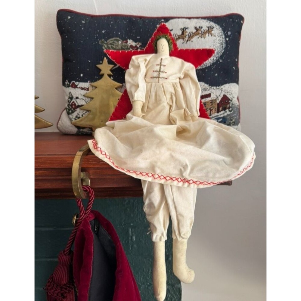 Christmas Folk Art Angel 22" Long Leg Cloth Doll Shelf Sitter & Tree Topper 90s